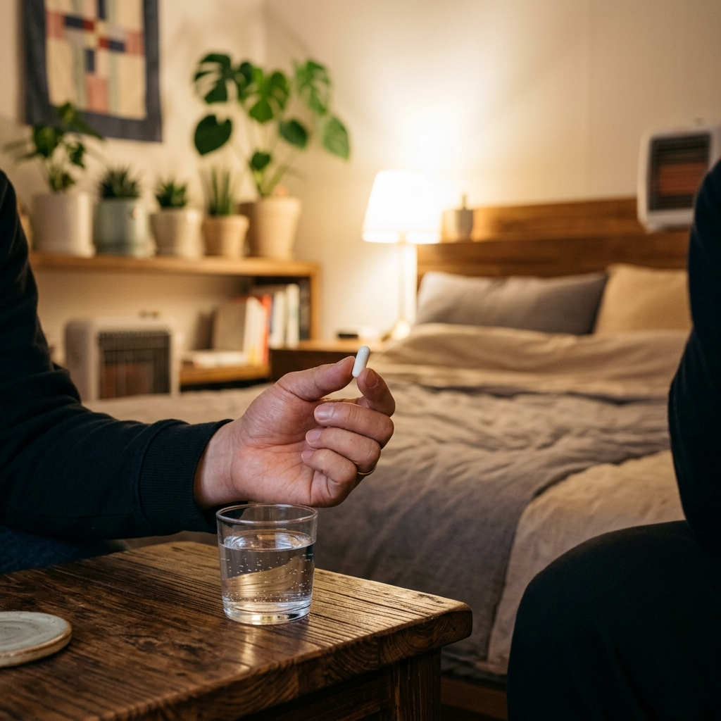 유산균 캡슐을 손에 들고 물과 함께 복용하려는 장면