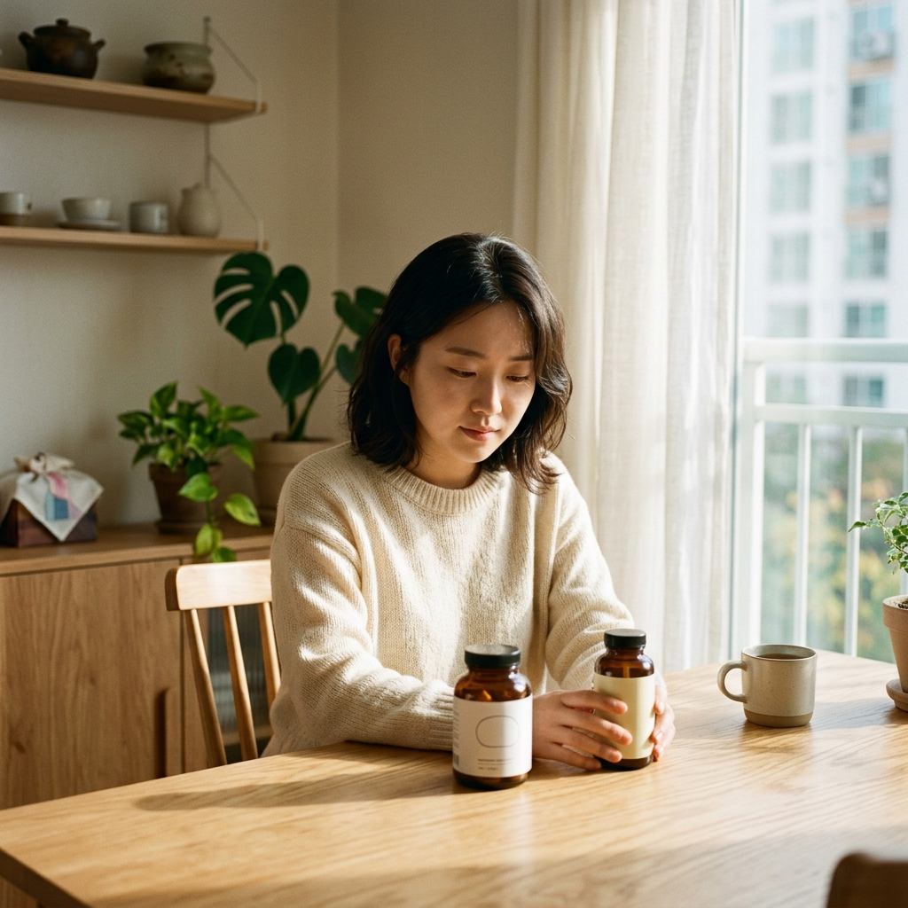 프로바이오틱스와 프리바이오틱스 차이 영양제를 비교하는 한국 여성