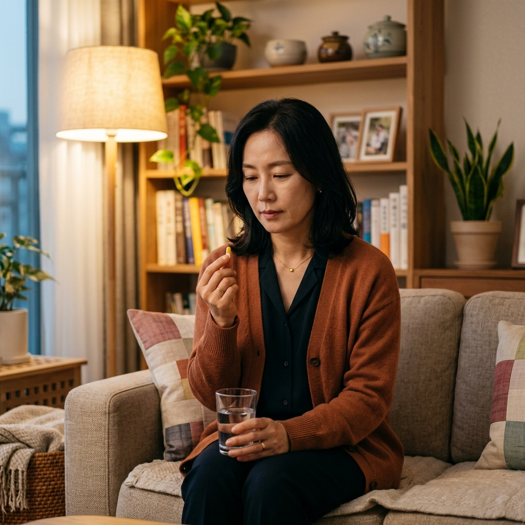 유산균 캡슐을 손에 들고 복용하려는 한국 여성의 모습