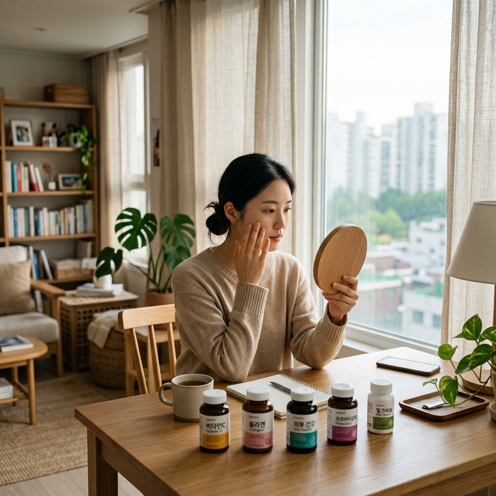 유산균 피부 효과를 알아보며 거울로 피부 상태를 확인하는 한국 여성