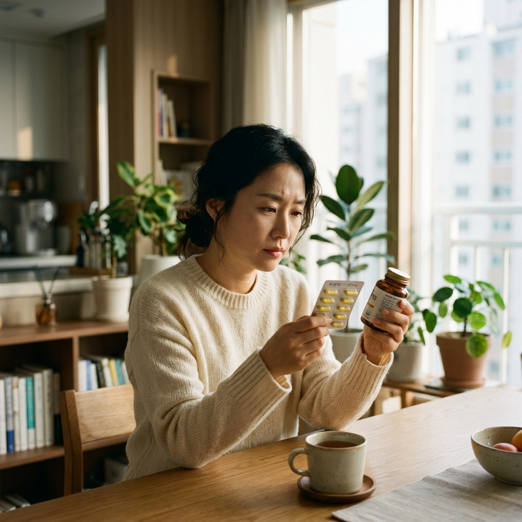 유산균 항생제 같이 먹어도 되는지 고민하며 약을 들고 있는 여성
