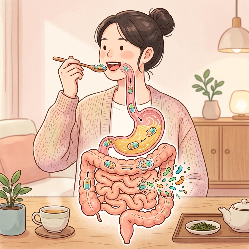 유산균이 위산을 거쳐 장까지 도달하는 과정을 보여주는 일러스트