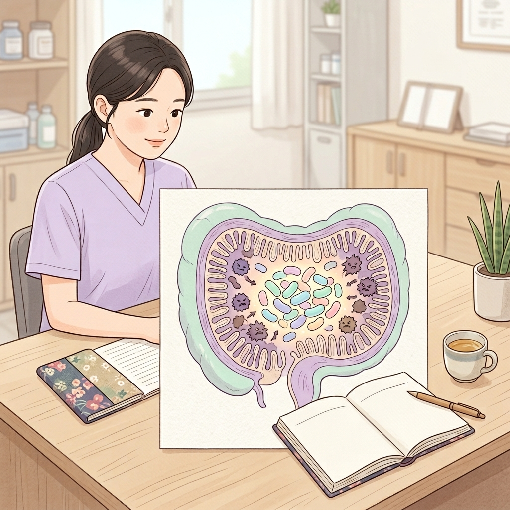 유산균이 장내 유해균을 밀어내는 과정을 표현한 장 내부 일러스트