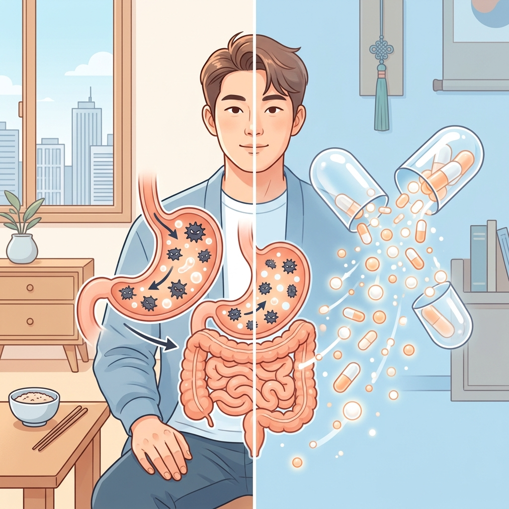 유산균 헬리코박터 관계, 제균 치료할 때 유산균이 정말 도움이 될까 2 유산균이 헬리코박터균 증식을 억제하는 과정 일러스트