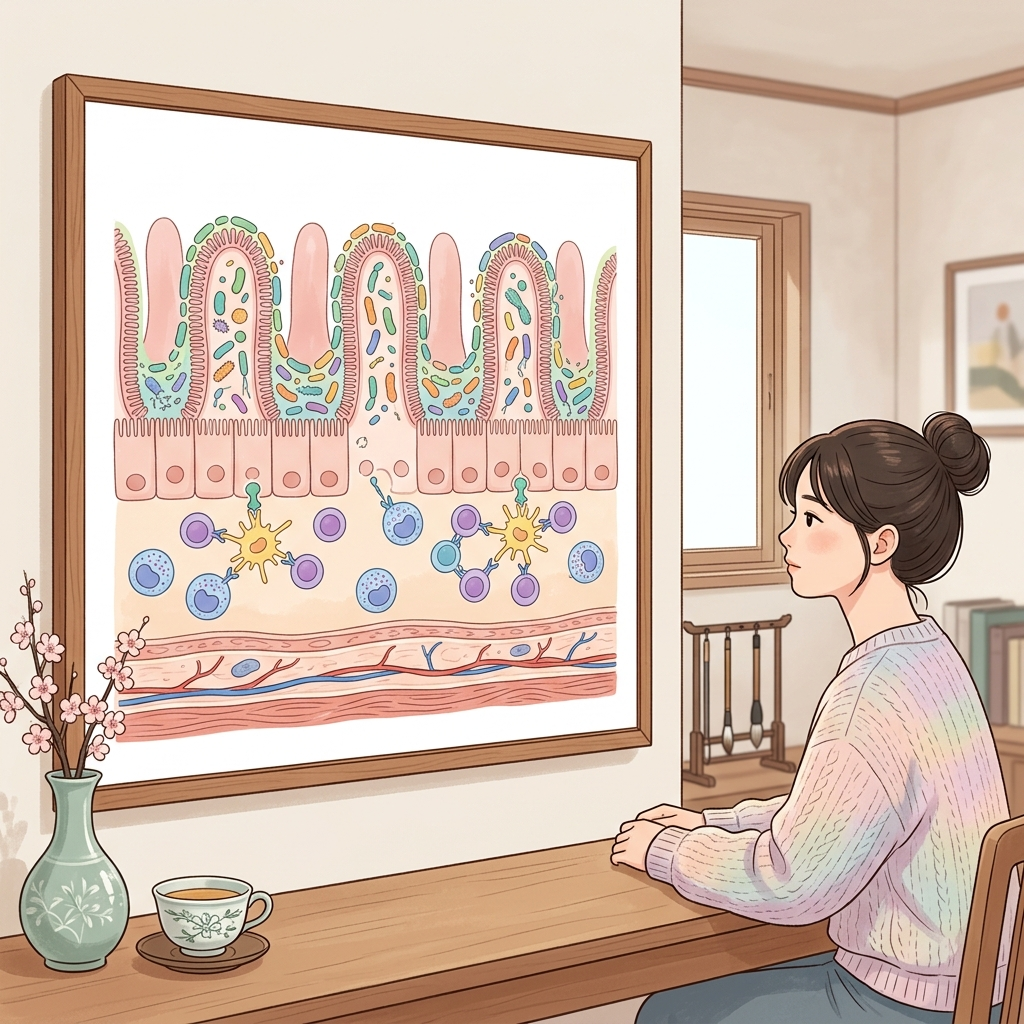 장 점막에 유산균과 면역세포가 상호작용하는 과정을 보여주는 일러스트