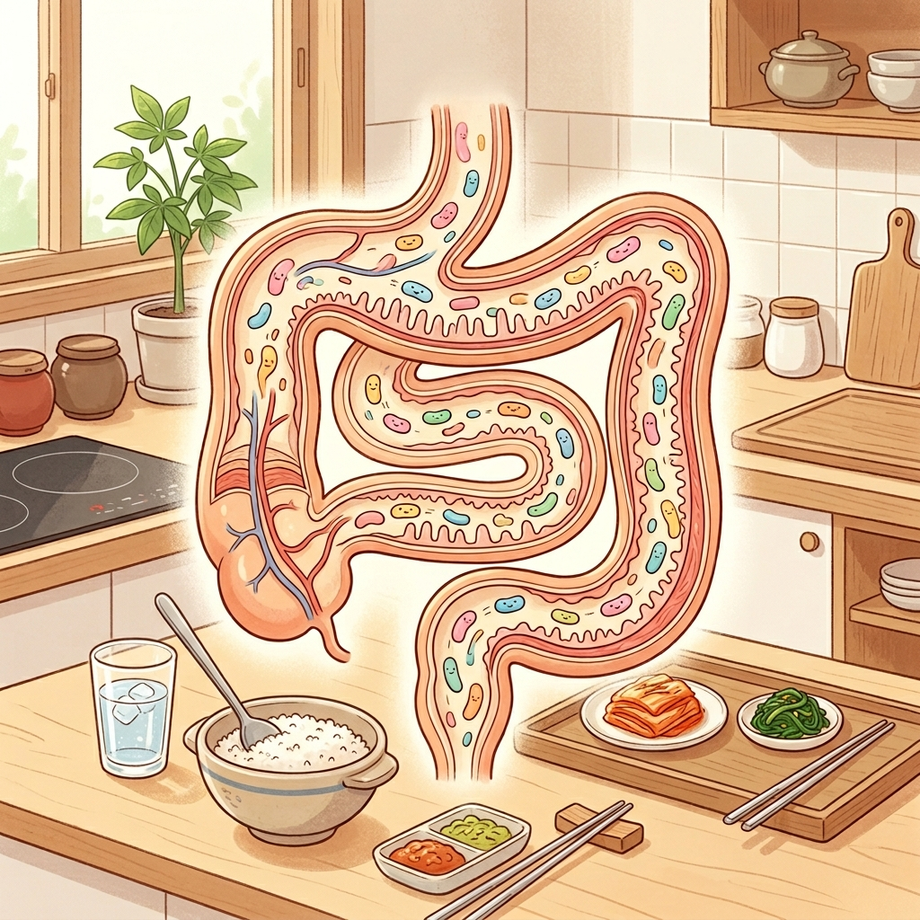 장까지 도달하는 프로바이오틱스 균의 이동 경로를 보여주는 일러스트