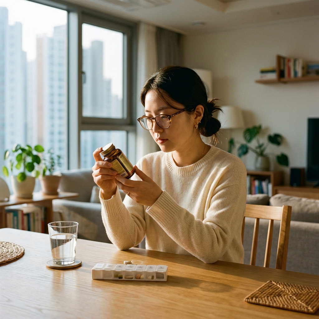 장까지 살아서 가는 유산균 고르는법 제품 라벨을 확인하는 한국 여성