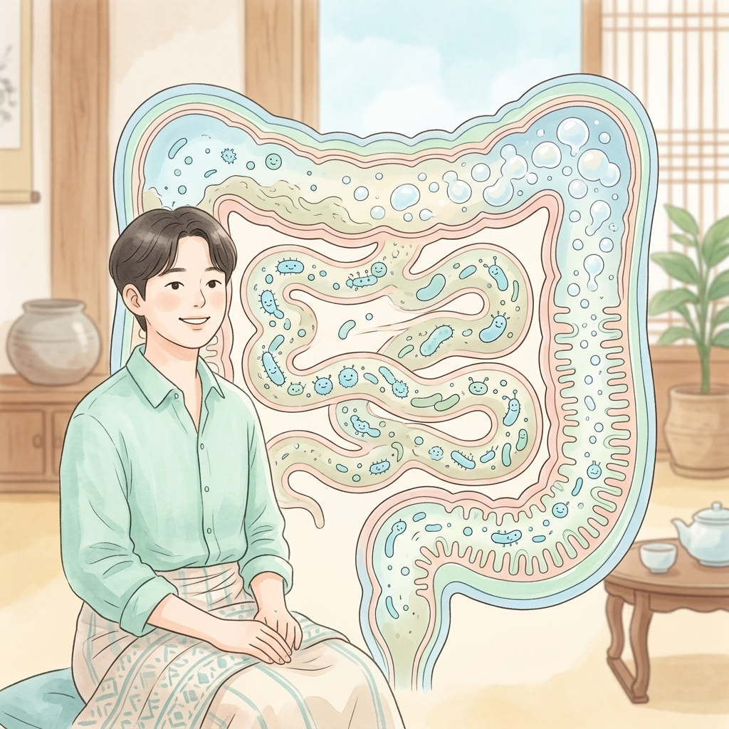 장내 미생물 발효 과정에서 유산균 가스 차는 이유 원리 일러스트