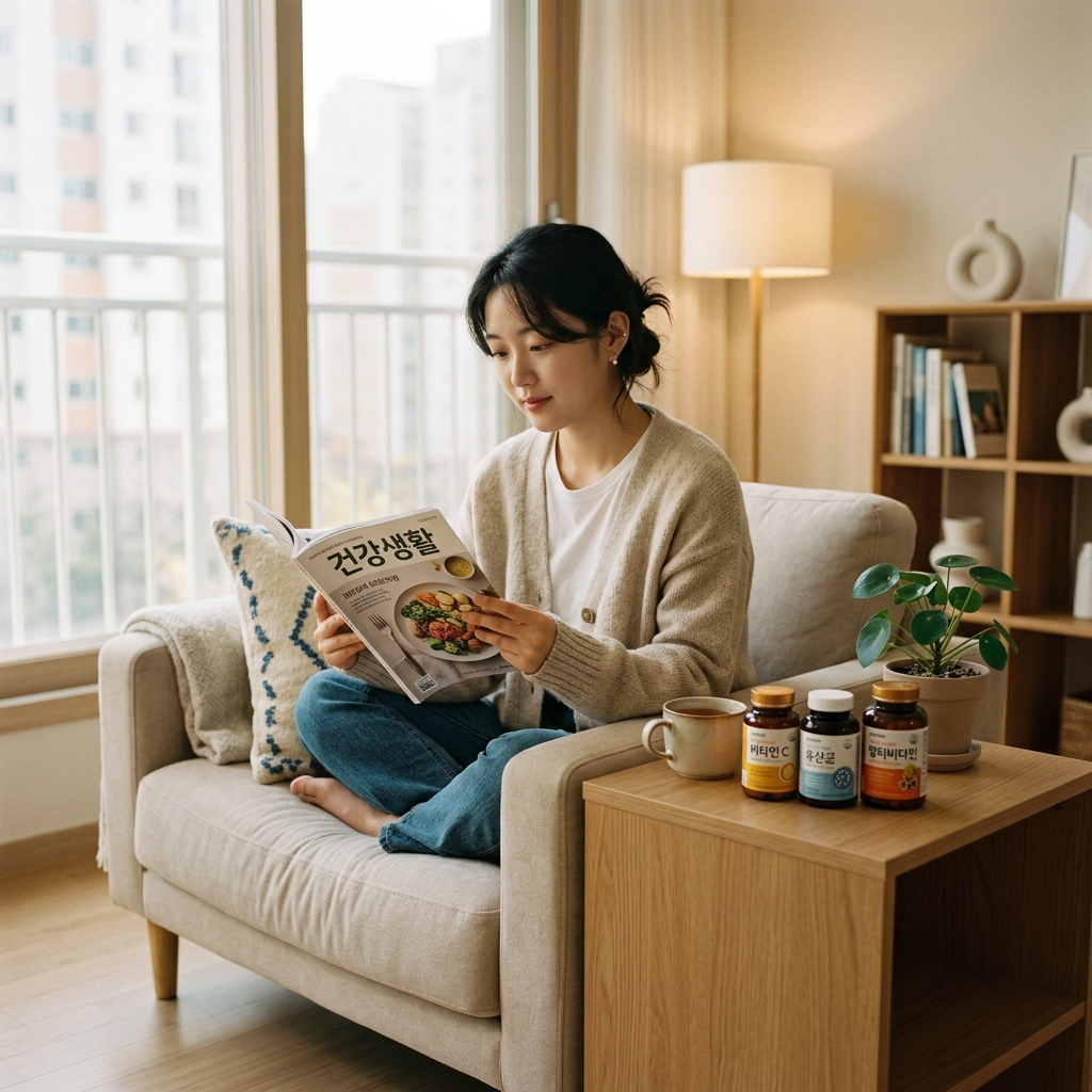 장뇌축 유산균 뜻 관련 건강 정보를 살펴보는 한국 여성