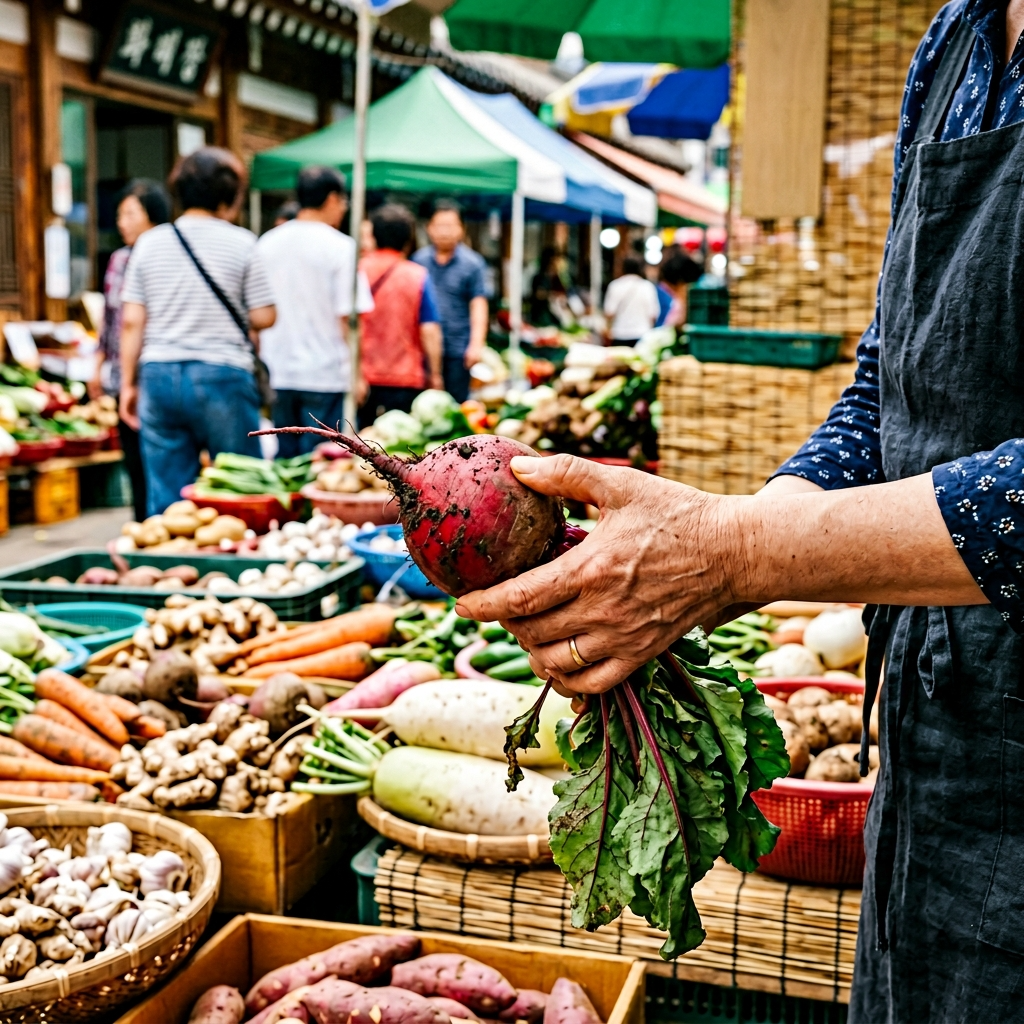 재래시장에서 비트 고르는법 손으로 눌러 단단함을 확인하는 모습
