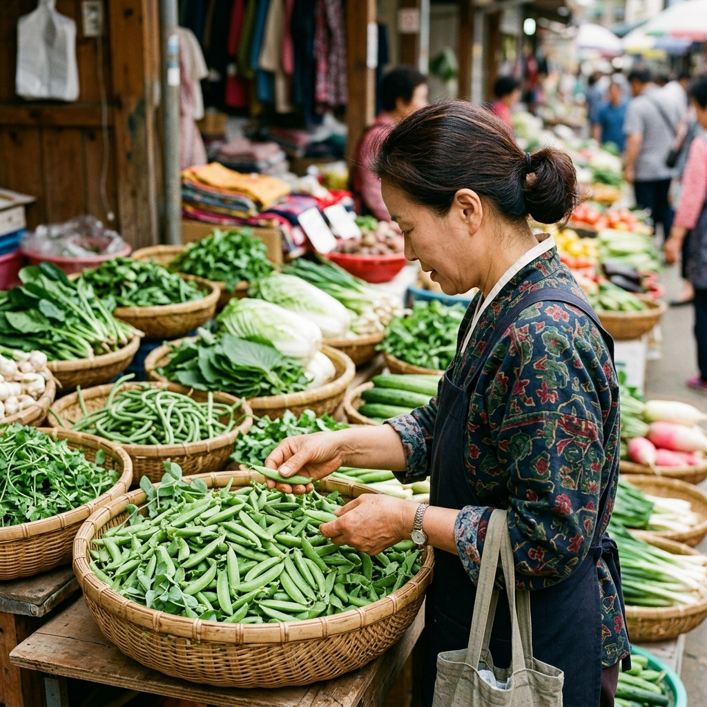 재래시장에서 신선한 완두콩 고르는법 모습
