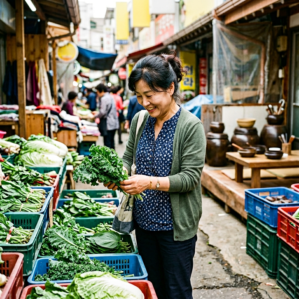 케일 보관법, 일주일 넘게 싱싱하게 두는 확실한 방법 4 재래시장에서 신선한 케일을 고르고 있는 한국 여성