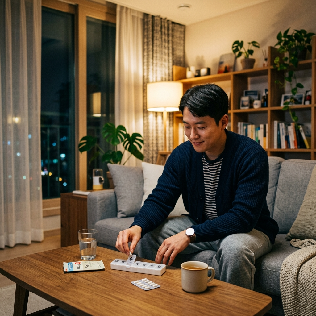 저녁 시간 거실에서 유산균을 매일 챙기는 한국 남성의 모습