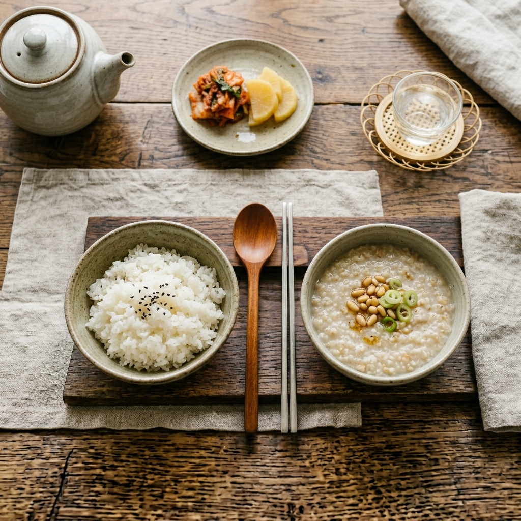 오트밀 칼로리 한스푼, 생각보다 적을까 많을까 2 조리된 오트밀과 쌀밥을 한국 도자기 그릇에 나란히 담아 비교한 모습