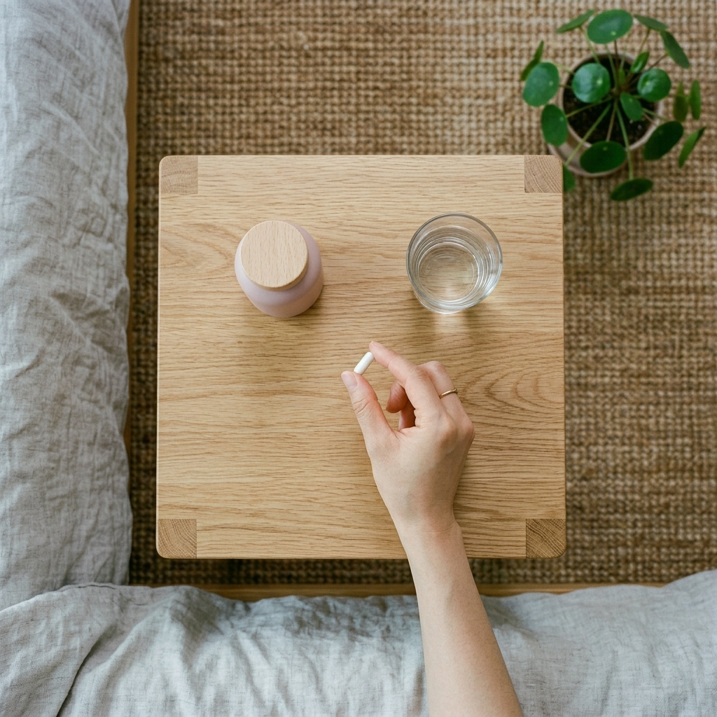 질 유산균 캡슐 한 알을 들고 물과 함께 복용하려는 모습