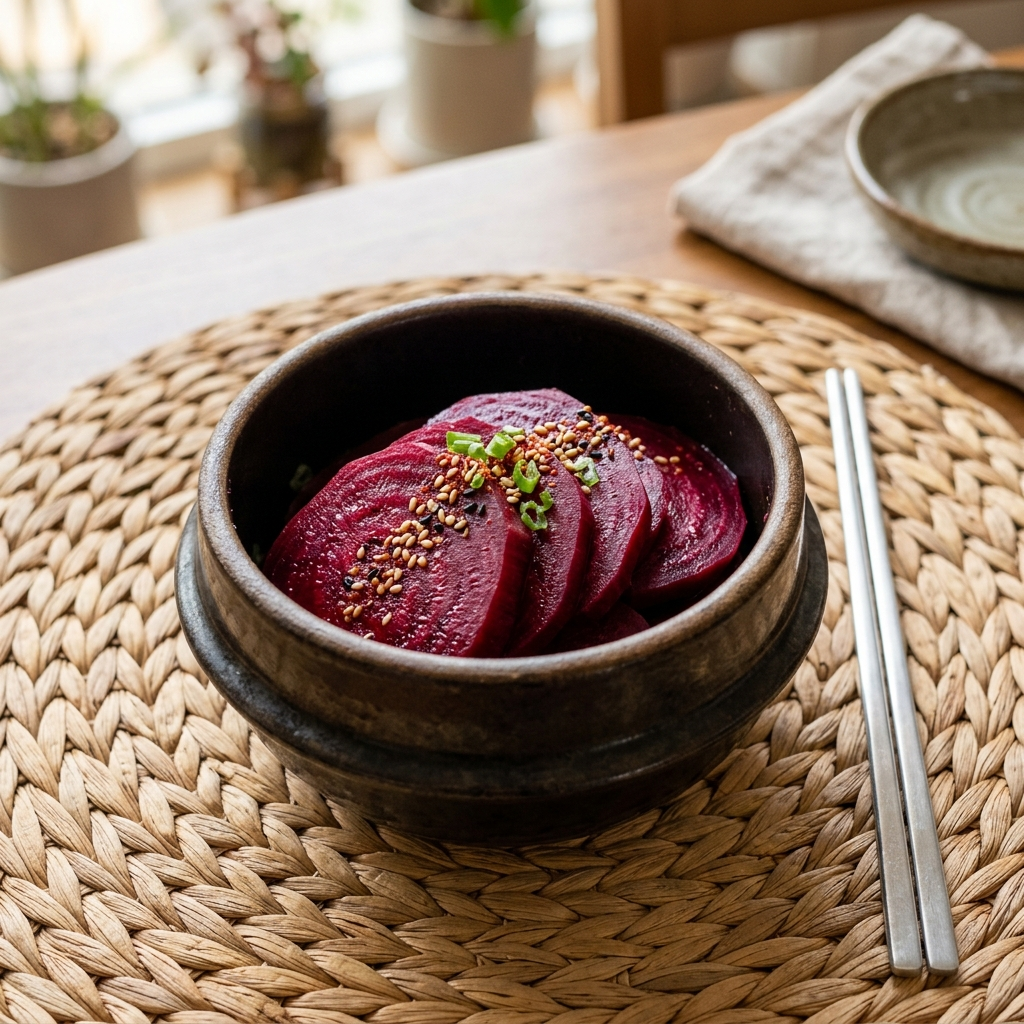 쪄서 먹기 좋게 썬 비트가 한국식 그릇에 담긴 모습