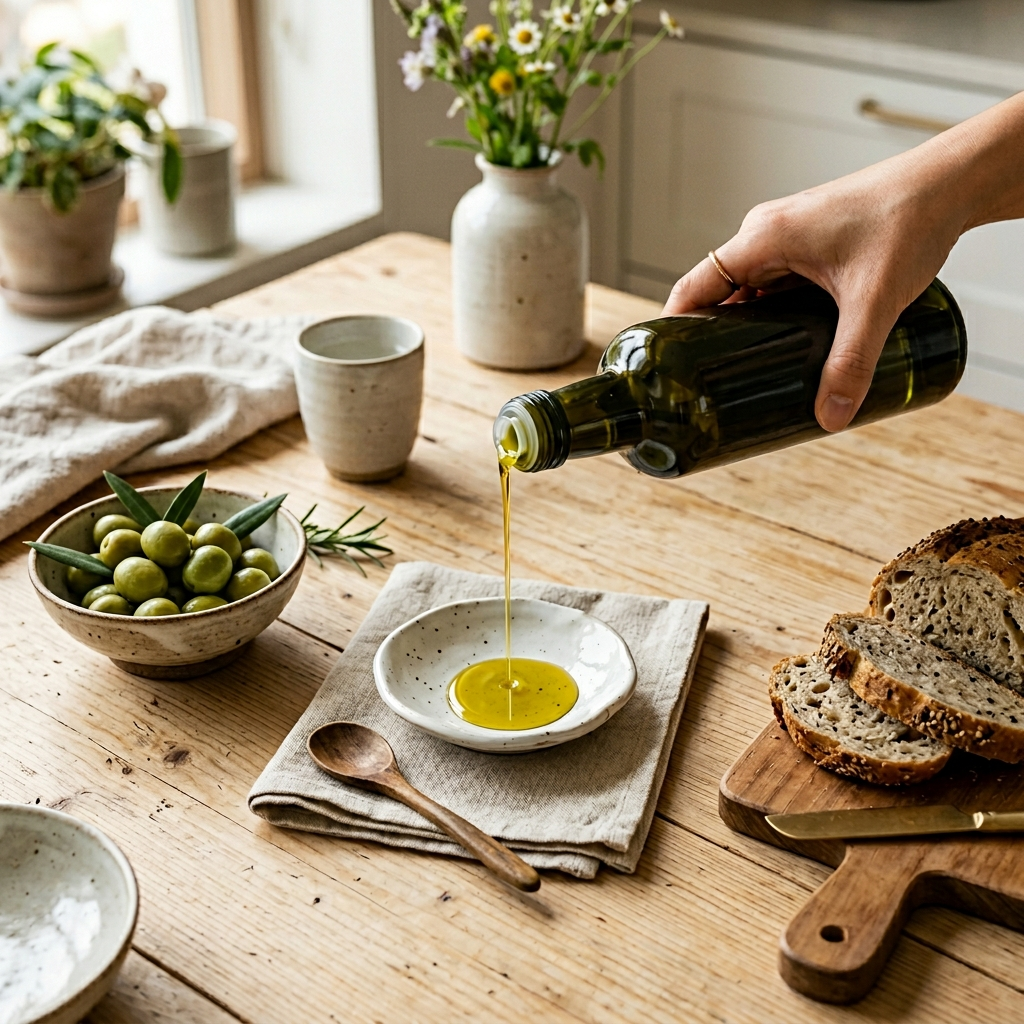 올리브유 고르는법, 마트에서 헷갈리지 않는 핵심 기준 2 차광 유리병에서 따르는 엑스트라버진 올리브유의 황금빛 색감