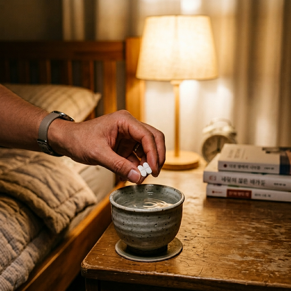 취침 전 마그네슘 글리시네이트 태블릿 2정을 들고 있는 손 클로즈업