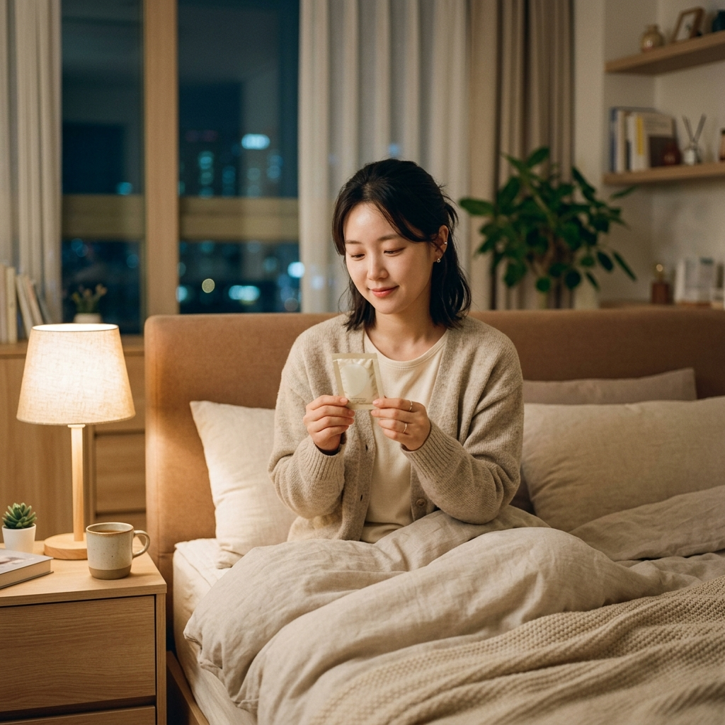 취침 전 콜라겐 먹는 시간에 맞춰 영양제를 섭취하는 한국 여성