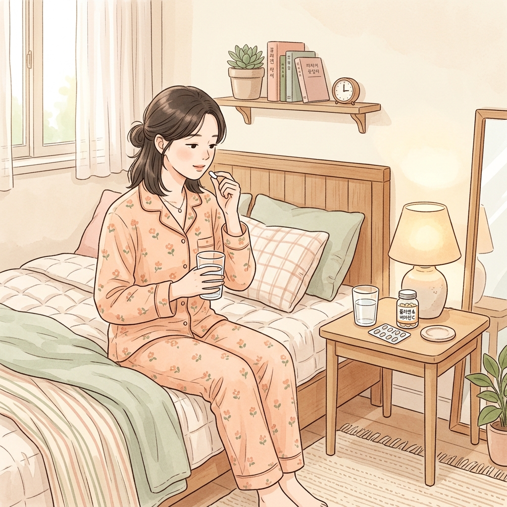 취침 전 콜라겐과 비타민C를 함께 복용하는 한국 여성 일러스트