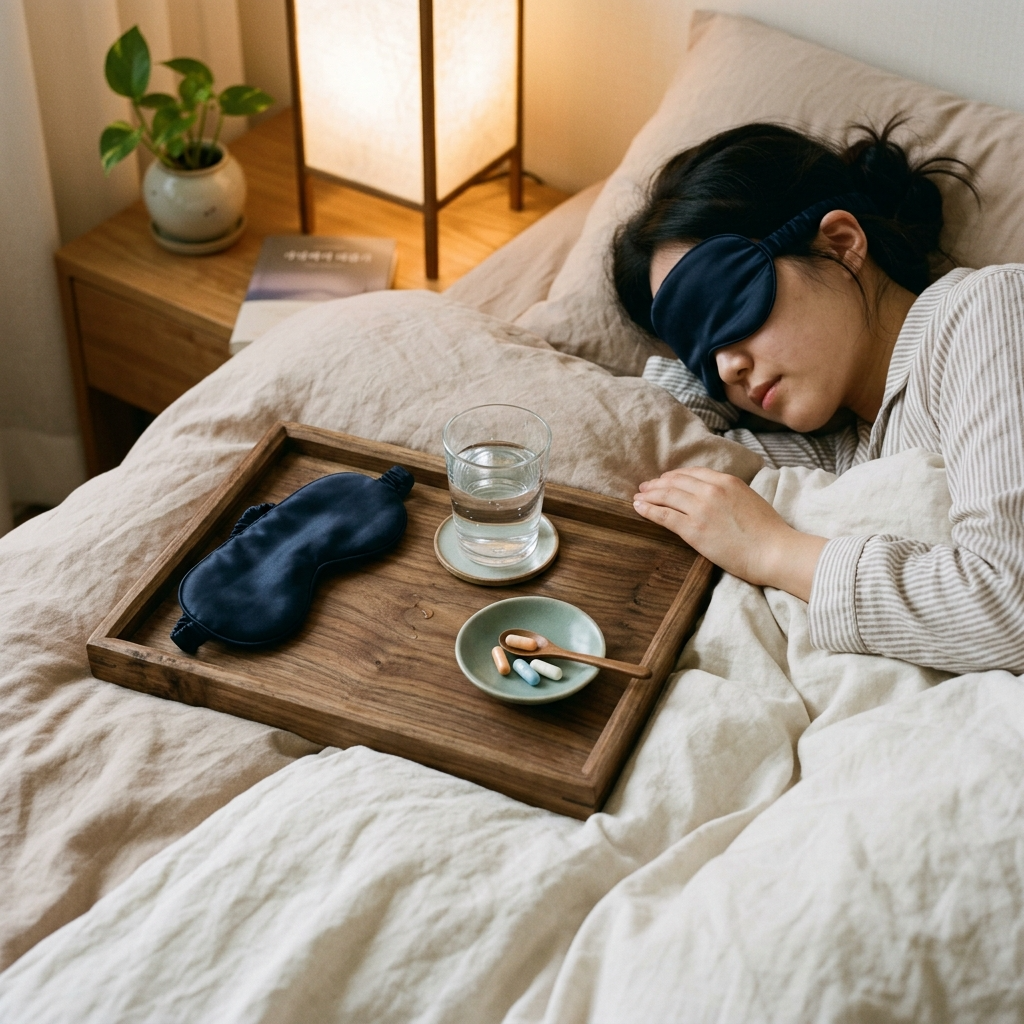 침대 위 트레이에 놓인 수면용 마그네슘 캡슐과 수면 안대