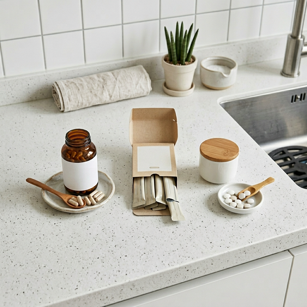 캡슐형 분말형 정제형 유산균 제품 세 가지를 비교하는 모습