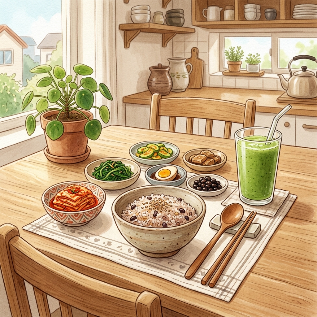 케일 하루 섭취량, 많이 먹는다고 좋은 게 아닌 진짜 이유 4 케일 스무디와 한국식 아침 식탁 풍경이 어우러진 건강한 식단 장면
