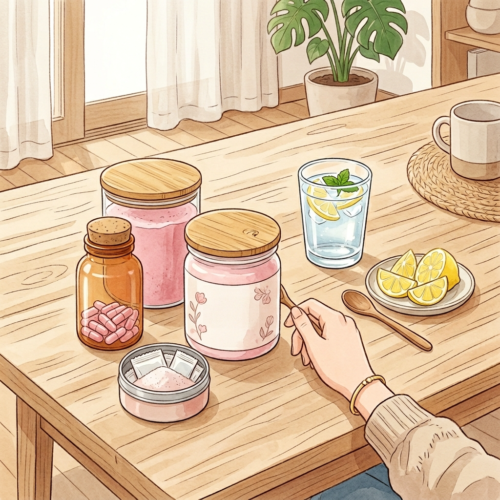 콜라겐 피부 효과 실제로 있나, 논문과 후기로 냉정하게 따져봤다 2 콜라겐 보충제 세 종류를 나란히 놓고 성분을 비교하는 장면