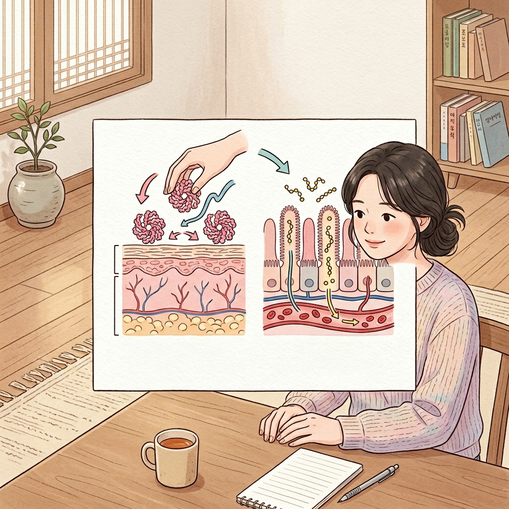 콜라겐 분자가 피부 표면에 머무는 경로와 펩타이드가 장에서 흡수되는 경로 비교