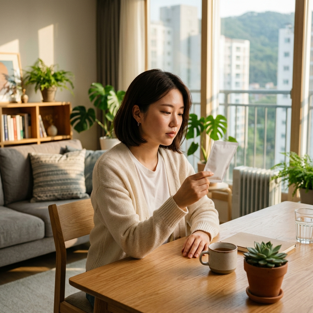 콜라겐 뜻 효능 영양제를 살펴보는 한국 여성의 모습