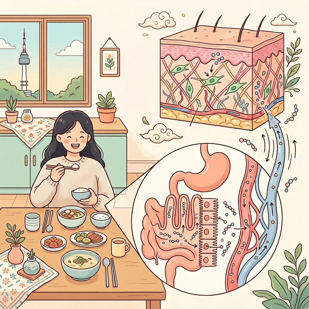 콜라겐 젤리 효과, 정말 피부에 도움이 되는 걸까 2 콜라겐 펩타이드 분자가 장벽을 통과해 피부층까지 전달되는 과정 일러스트