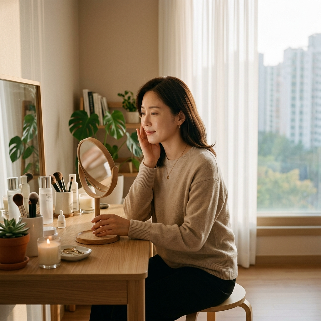 콜라겐 피부 효과 실제로 있나, 논문과 후기로 냉정하게 따져봤다 1 콜라겐 피부 효과가 궁금해 거울을 보며 피부를 확인하는 한국 여성
