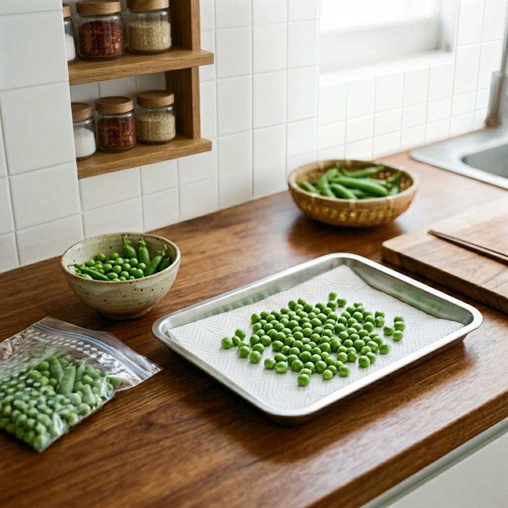 완두콩 보관법, 제철에 사서 1년 내내 먹는 확실한 방법 2 키친타월 위에 펼쳐 물기를 제거하는 완두콩 냉장 보관 준비