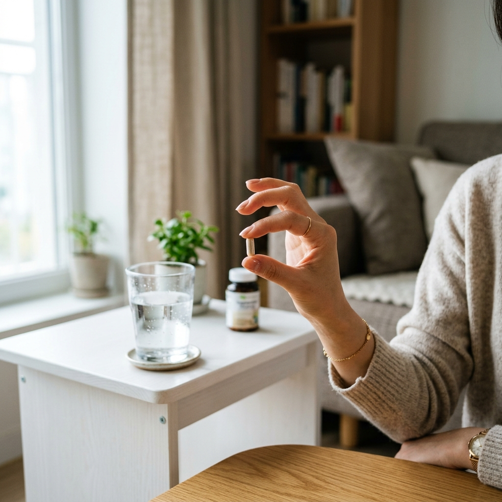 유산균 캡슐을 손에 들고 물과 함께 섭취하려는 모습