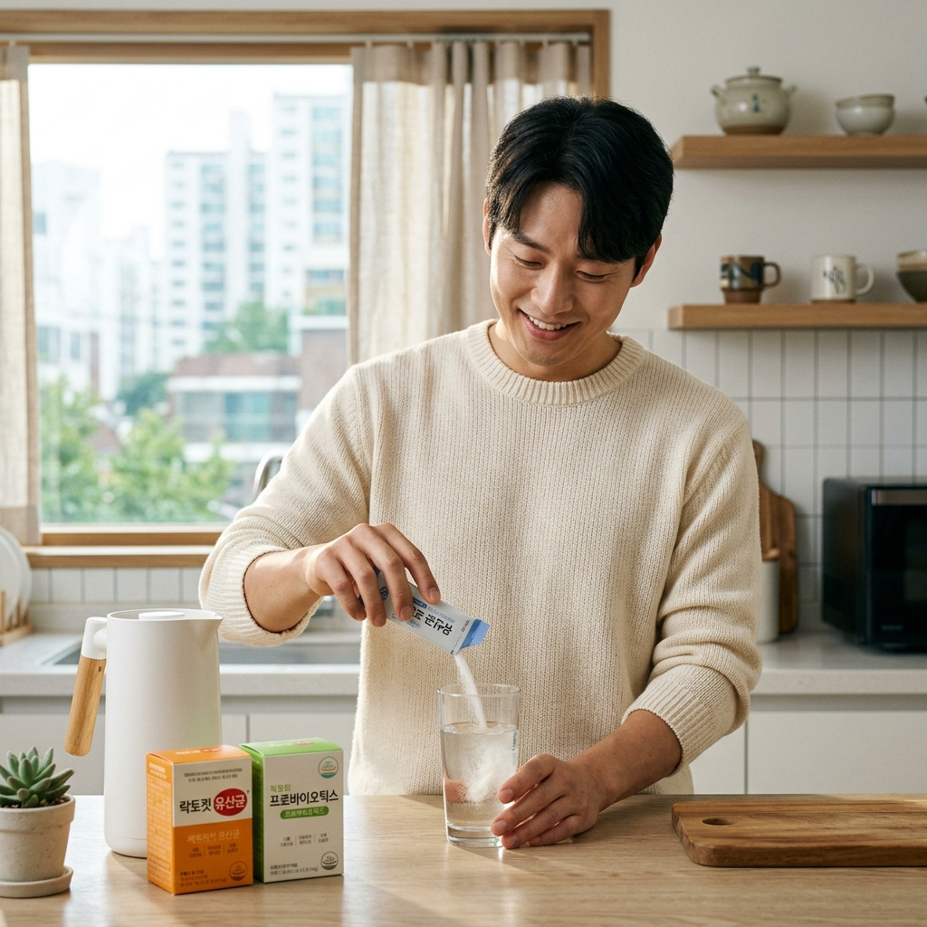 한국 남성이 아침 주방에서 유산균 분말을 물에 타는 모습