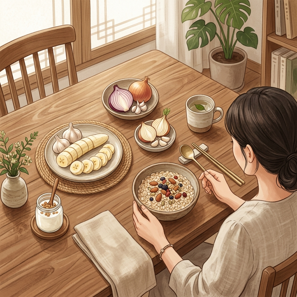 프리바이오틱스가 풍부한 바나나 마늘 양파 귀리 요거트가 놓인 한국식 식탁