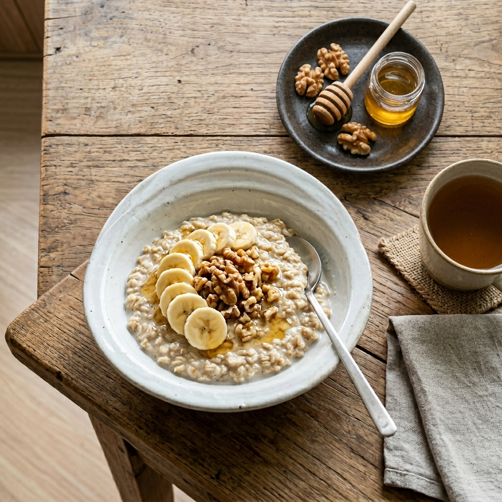 한국 도자기 그릇에 담긴 따뜻한 귀리 오트밀 효능 한 그릇과 바나나 호두 토핑