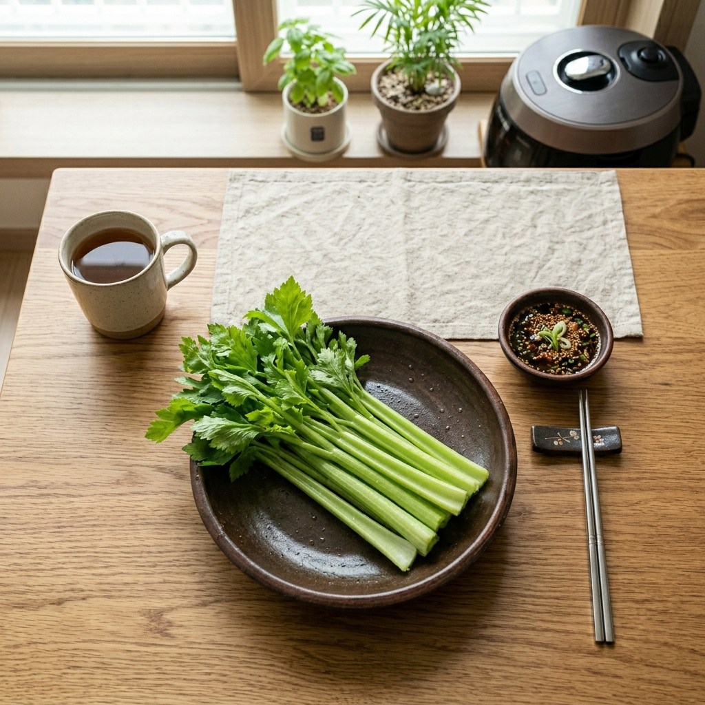 한국 도자기 접시에 올려진 싱싱한 샐러리 하루 섭취량 줄기와 잎