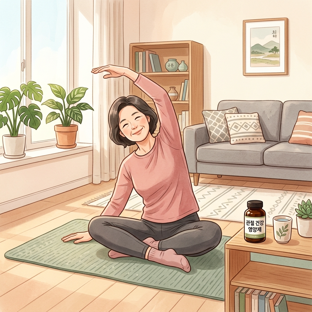 콜라겐 관절 효과, 피부 말고 무릎에도 진짜 도움이 될까 4 한국 아파트 거실에서 스트레칭하는 50대 여성과 선반 위 관절 콜라겐 영양제