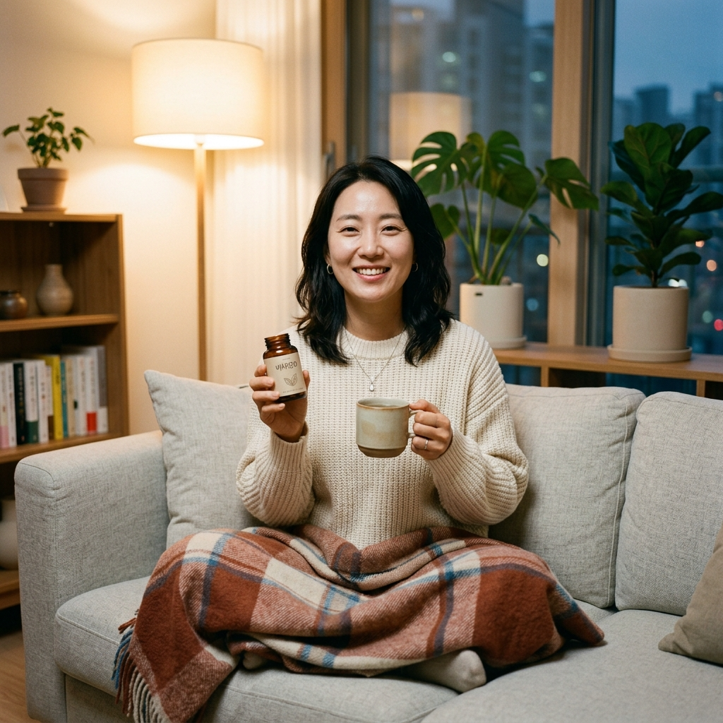 한국 아파트 거실에서 편안하게 질 유산균을 챙기는 여성