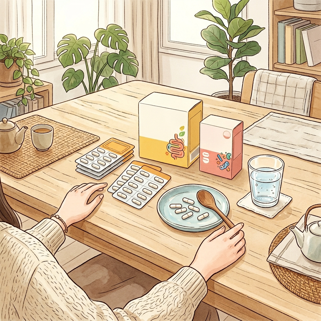 유산균 종류별 차이, 내 몸에 맞는 균주는 어떻게 고를까 2 한국 아파트 식탁 위에 다양한 유산균 영양제 제품이 놓인 모습