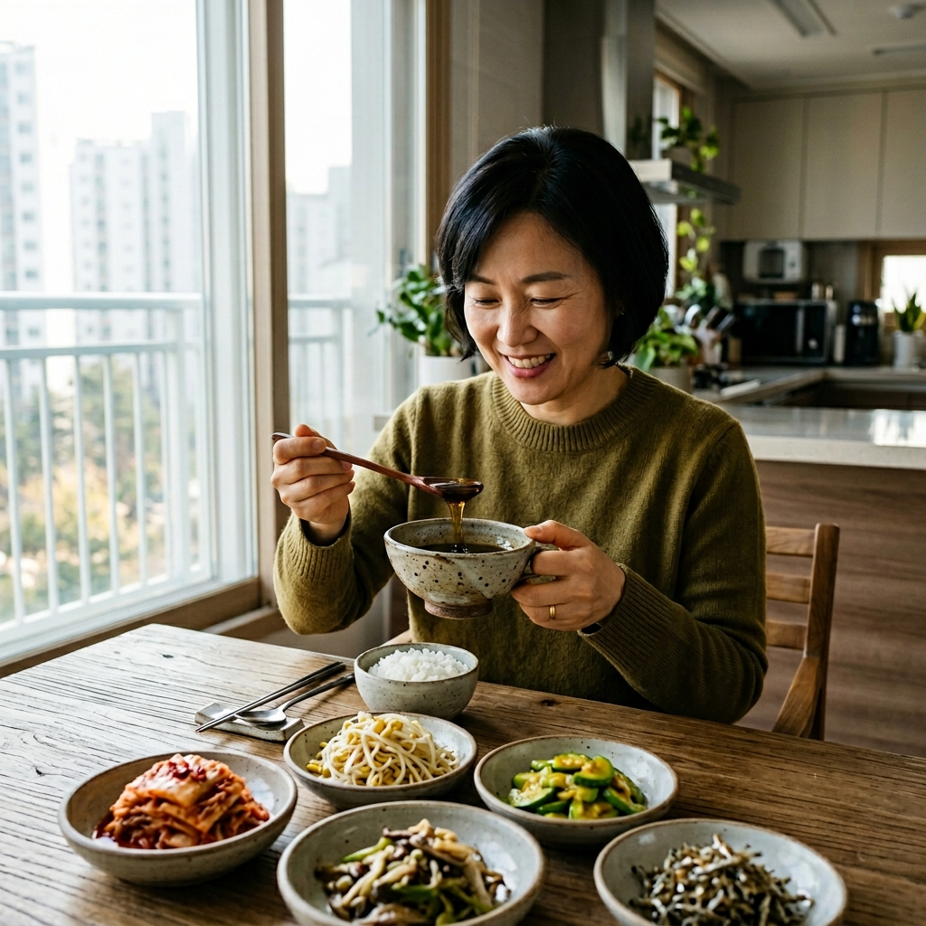한국 아파트 식탁에서 들기름 한 숟가락을 먹고 있는 한국 여성
