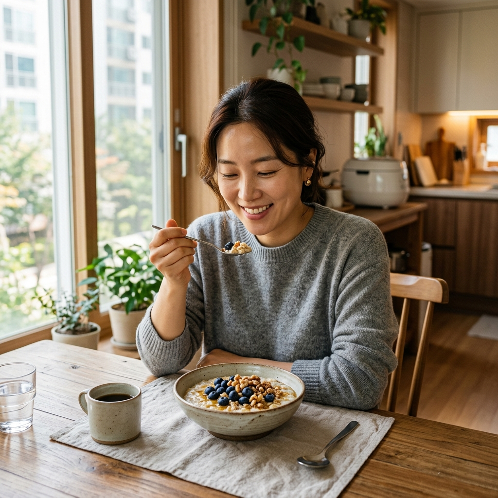 오트밀 성분, 한 그릇에 이만큼 들어 있었다는 게 놀랍다 4 한국 아파트 식탁에서 블루베리와 호두를 올린 오트밀을 먹는 한국 여성