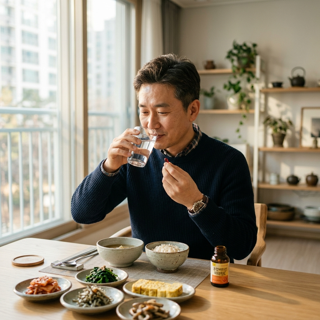 한국 아파트 식탁에서 아침 식사와 함께 유산균 캡슐을 복용하는 중년 남성