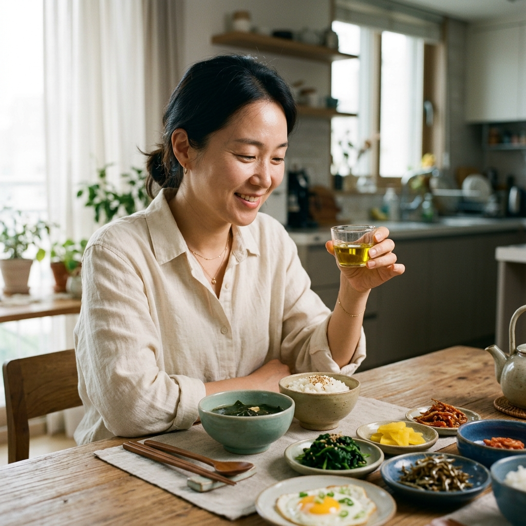 한국 아파트 식탁에서 올리브유 공복 섭취를 하는 여성