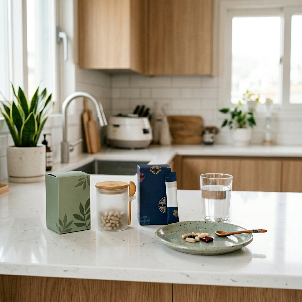 포스트바이오틱스 뜻, 유산균이랑 뭐가 다를까? 2 한국 아파트 주방에 놓인 포스트바이오틱스 영양제 패키지들