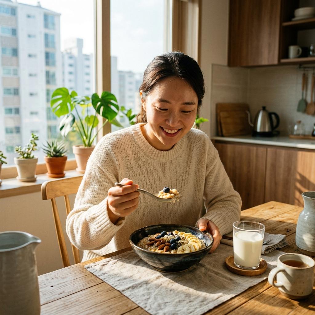 오트밀 칼로리 한스푼, 생각보다 적을까 많을까 3 한국 아파트 주방에서 블루베리를 올린 오트밀을 먹고 있는 여성