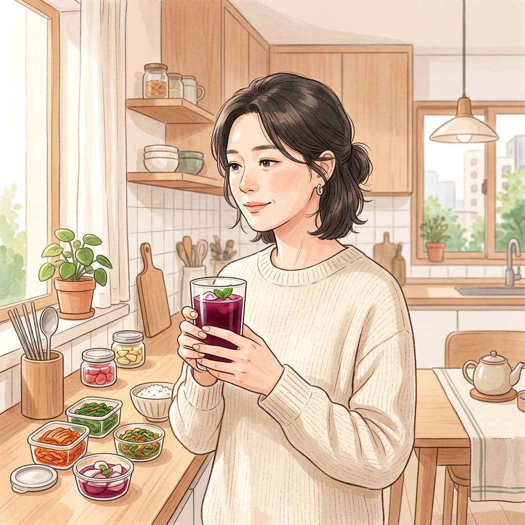 한국 아파트 주방에서 비트즙 한 잔을 들고 있는 한국 여성
