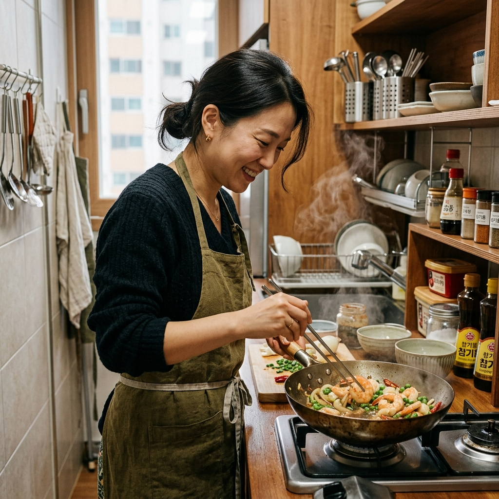 완두콩과 궁합 좋은 음식, 이렇게 먹으면 영양이 두 배가 됩니다 3 한국 아파트 주방에서 새우와 완두콩을 볶고 있는 조리 장면