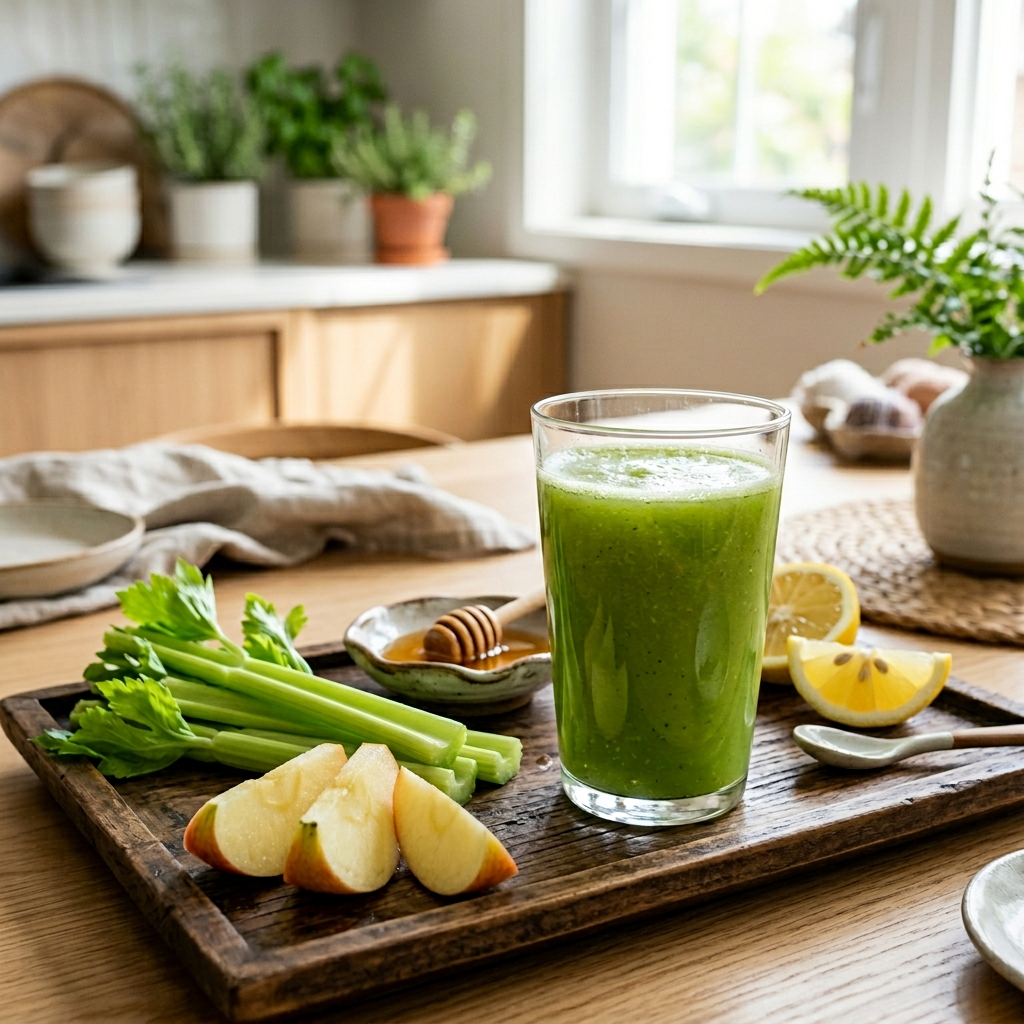 한국 아파트 주방에서 셀러리 닭가슴살 샐러드를 만들고 있는 여성
